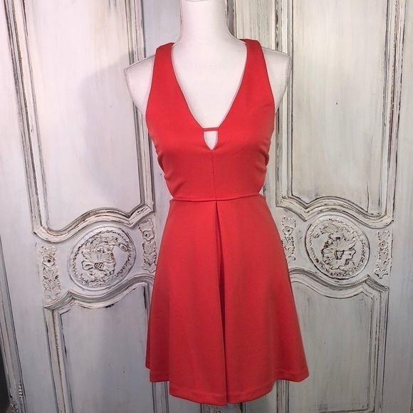 Express Deep Orange side Cut Outs V Neck Waisted Skater Skirt Dress Size 4 - Picture 1 of 9